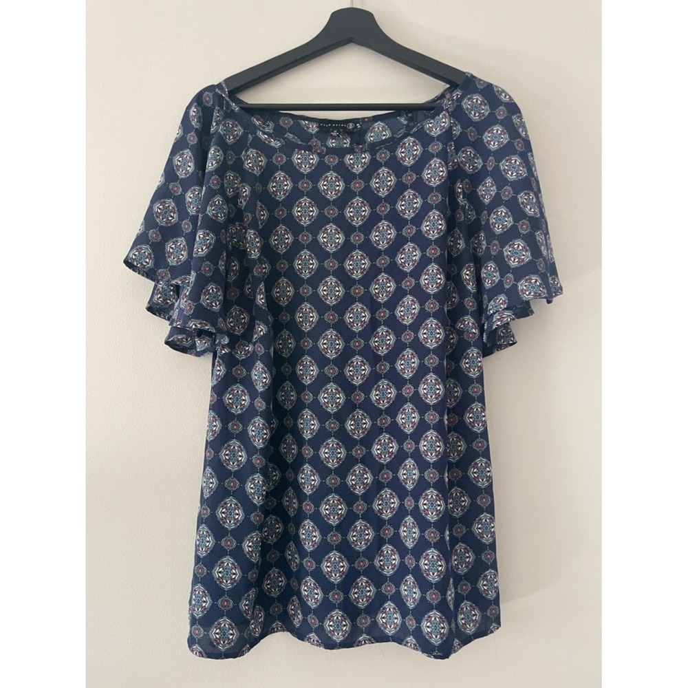 Ryan Wythe Navy Medallion Print Flutter Sleeve Chiffon Blouse 1X Made in USA